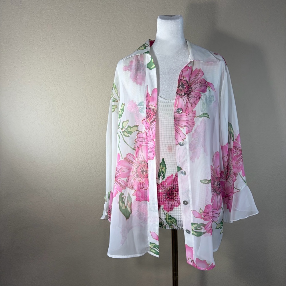 Dress Barn White Pink florals blouse 2Piece Set Tank and Tunic Top Sz 14/16